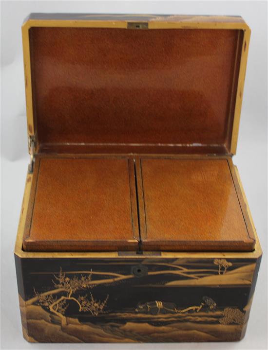 A Japanese lacquer and mixed metal overlaid tea caddy, Meiji period, 24.5cm, repair to cover